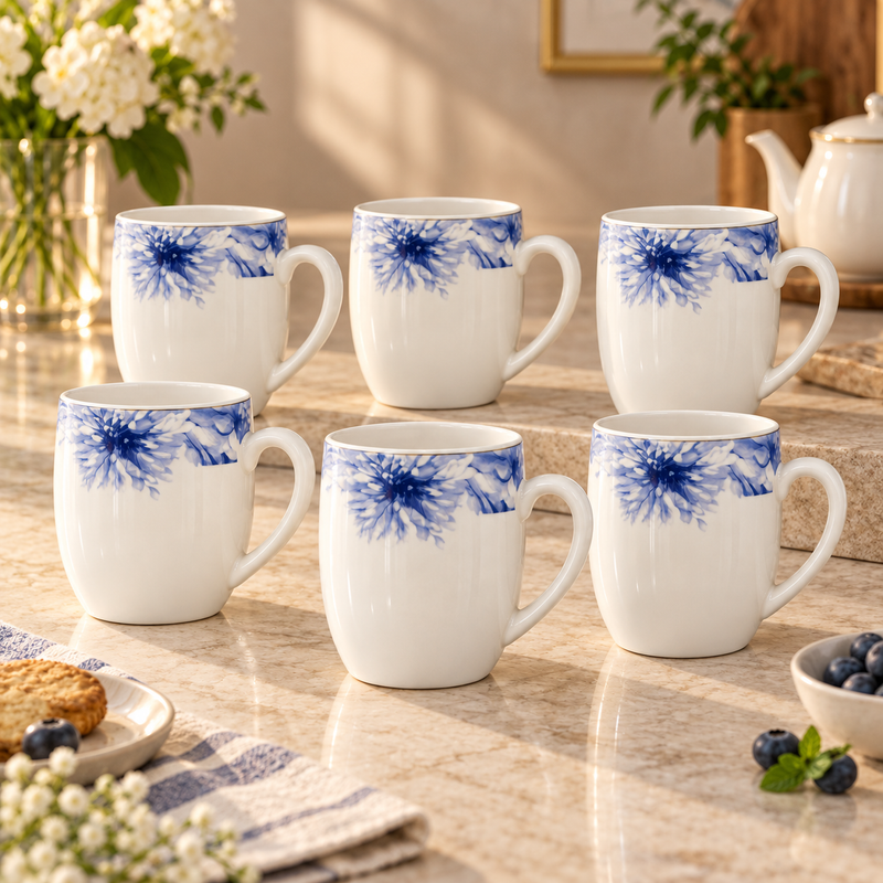 Elegant Blue Floral Tea & Coffee Cup 6 Piece Set