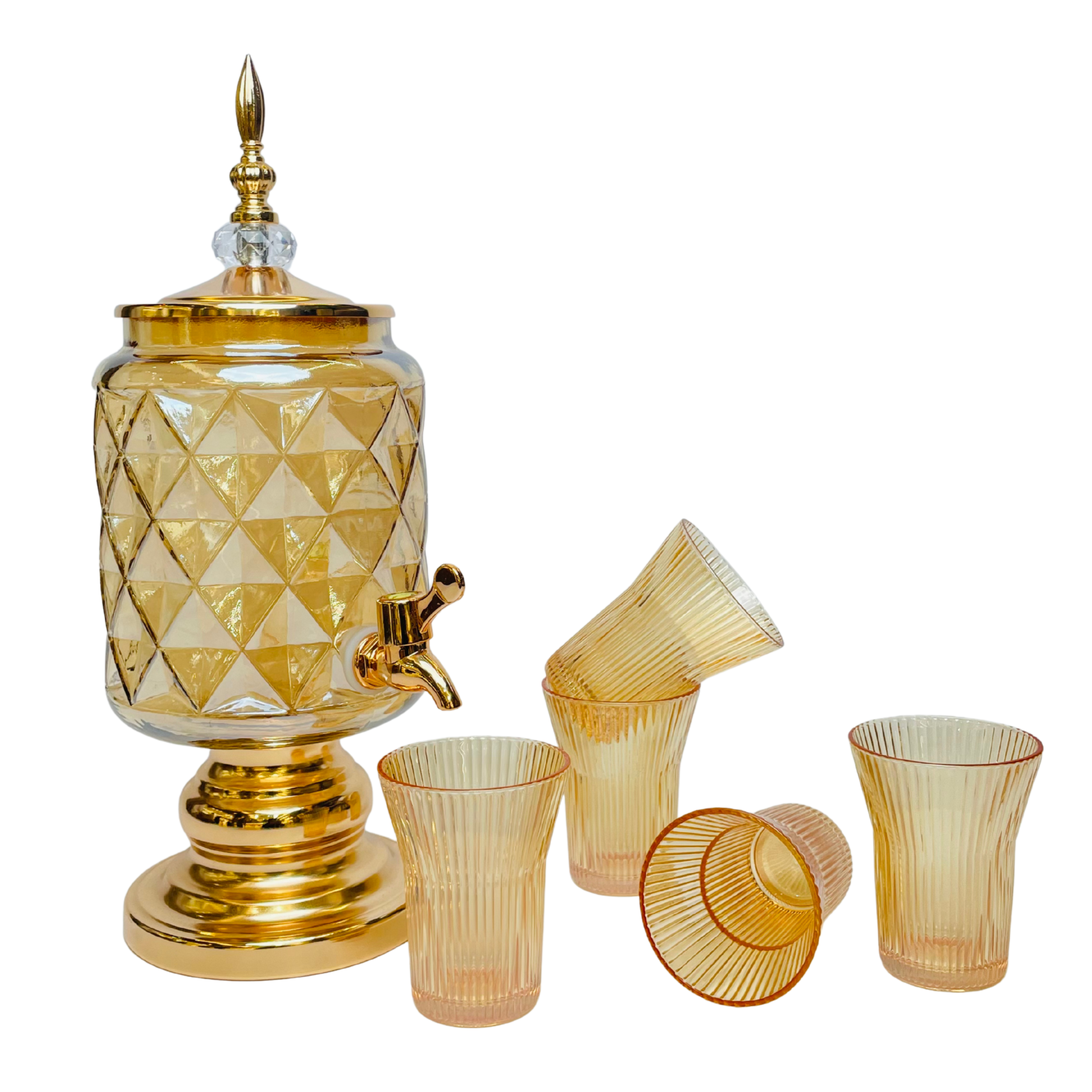 Amber Royale – Golden Diamond-Cut Glass Beverage Dispenser with 6 Glasses