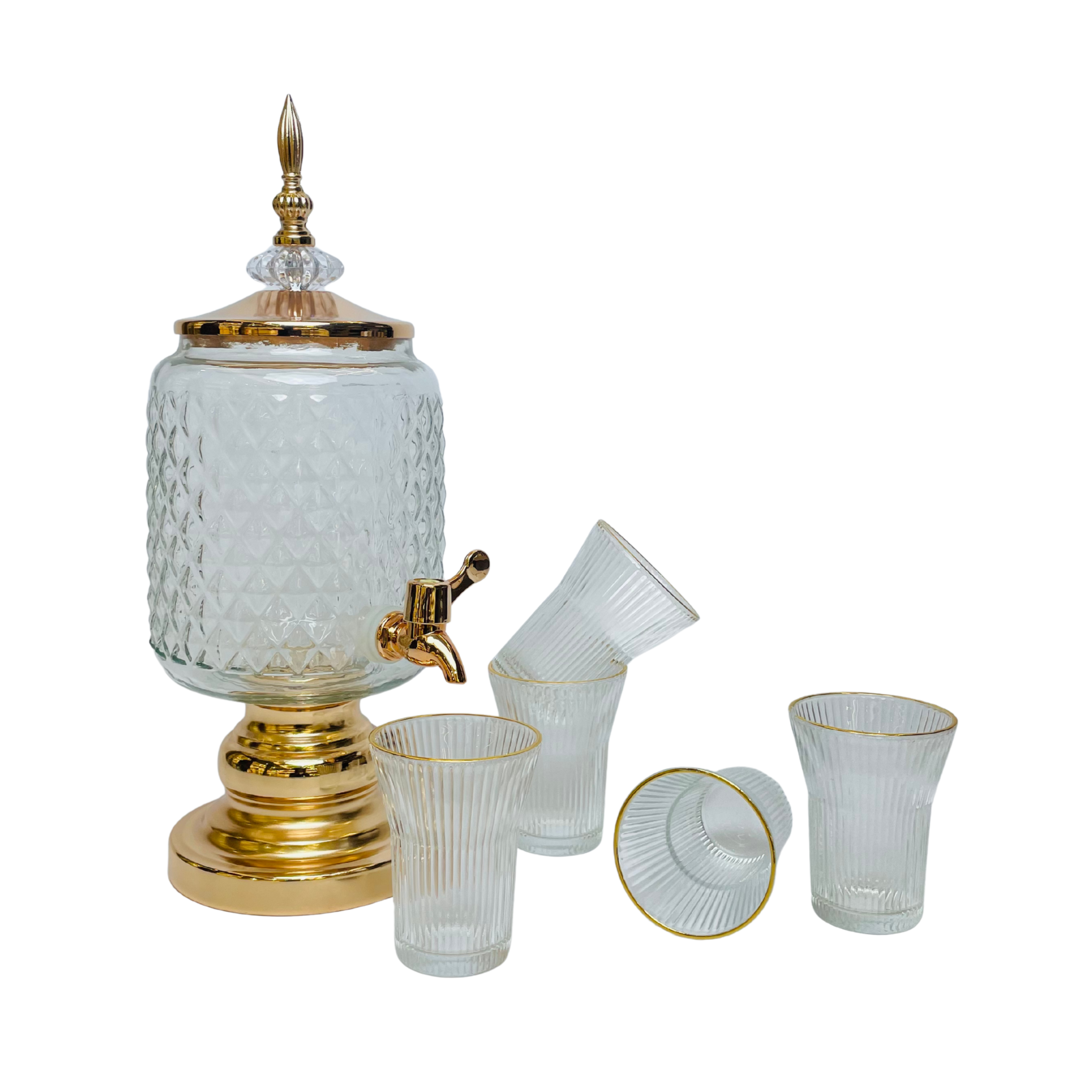 Crystal Majesty – Golden Diamond-Cut Glass Beverage Dispenser with 6 Glasses