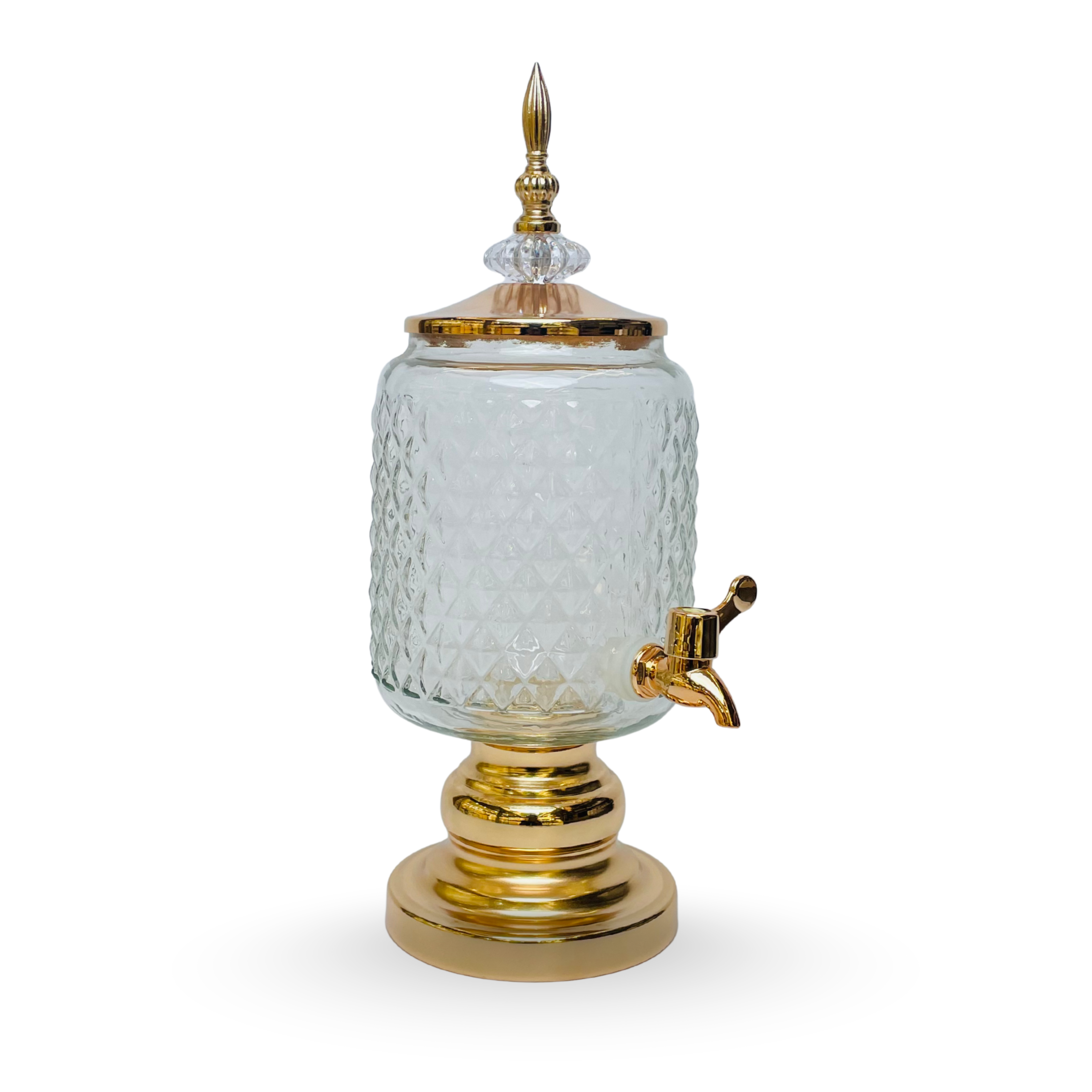 Crystal Majesty – Golden Diamond-Cut Glass Beverage Dispenser with 6 Glasses