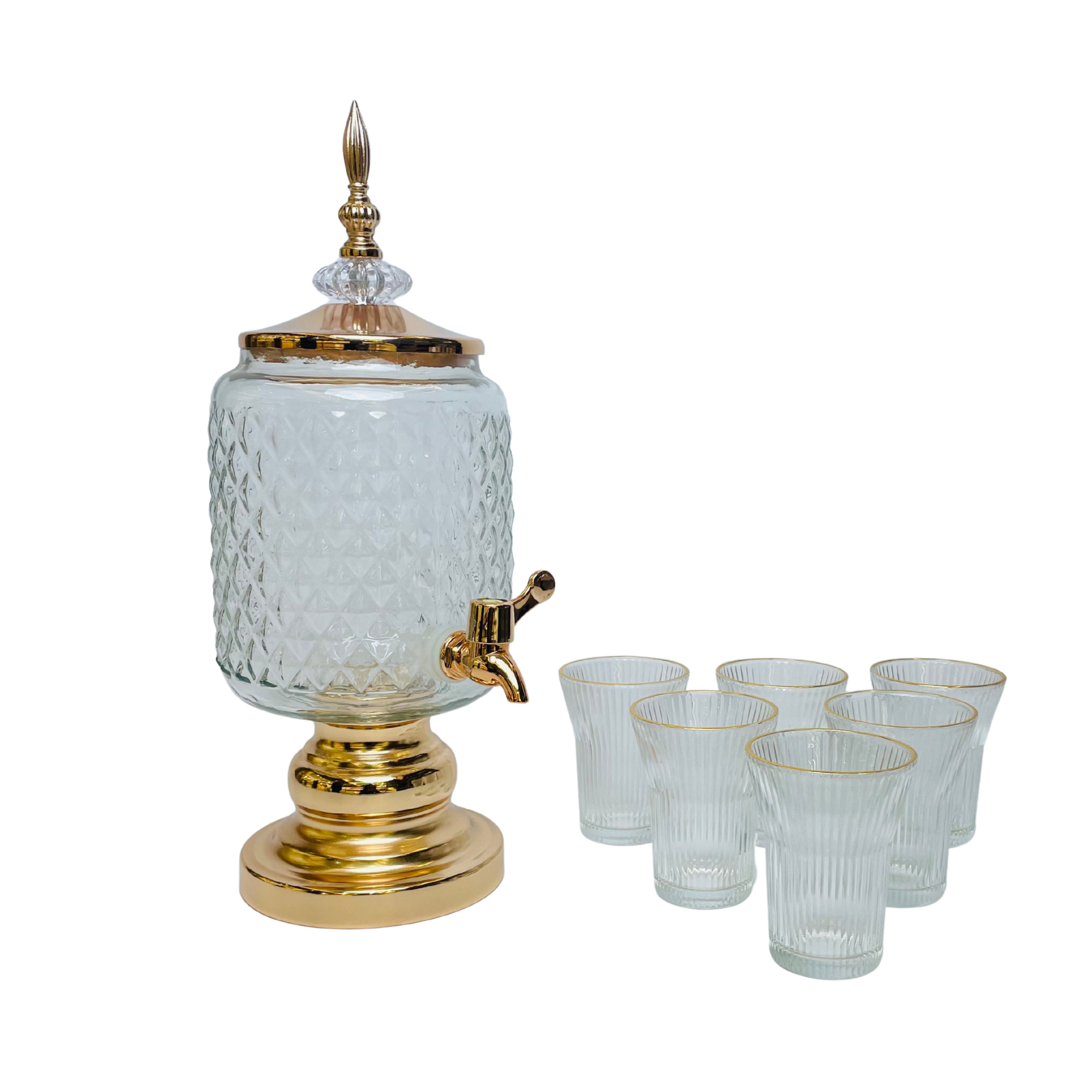 Crystal Majesty – Golden Diamond-Cut Glass Beverage Dispenser with 6 Glasses