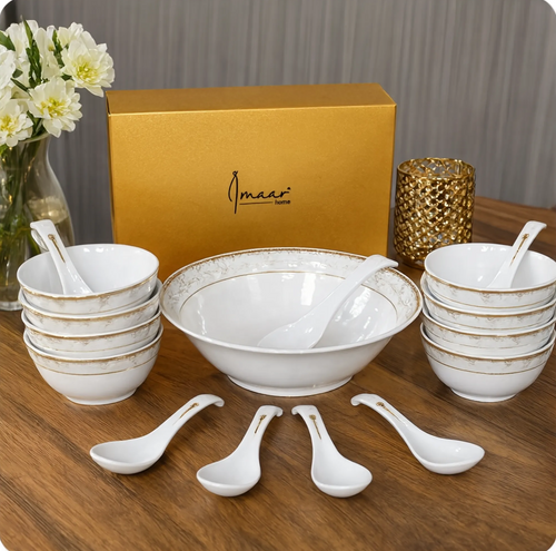 Elegant Ceramic Soup Bowl and Spoon Set 14 Piece