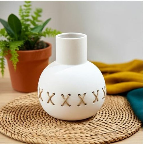 Spherical Ceramic Vase with Twine Cross-Lacing