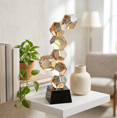 Modern Amber Crystal Geometric Cube Sculpture