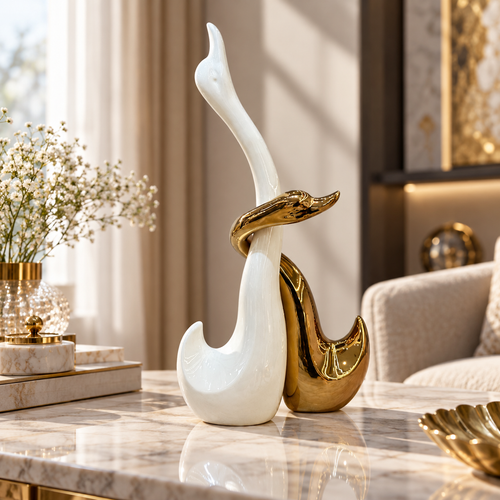 Embracing Swan Duo Sculpture in Ivory & Gold