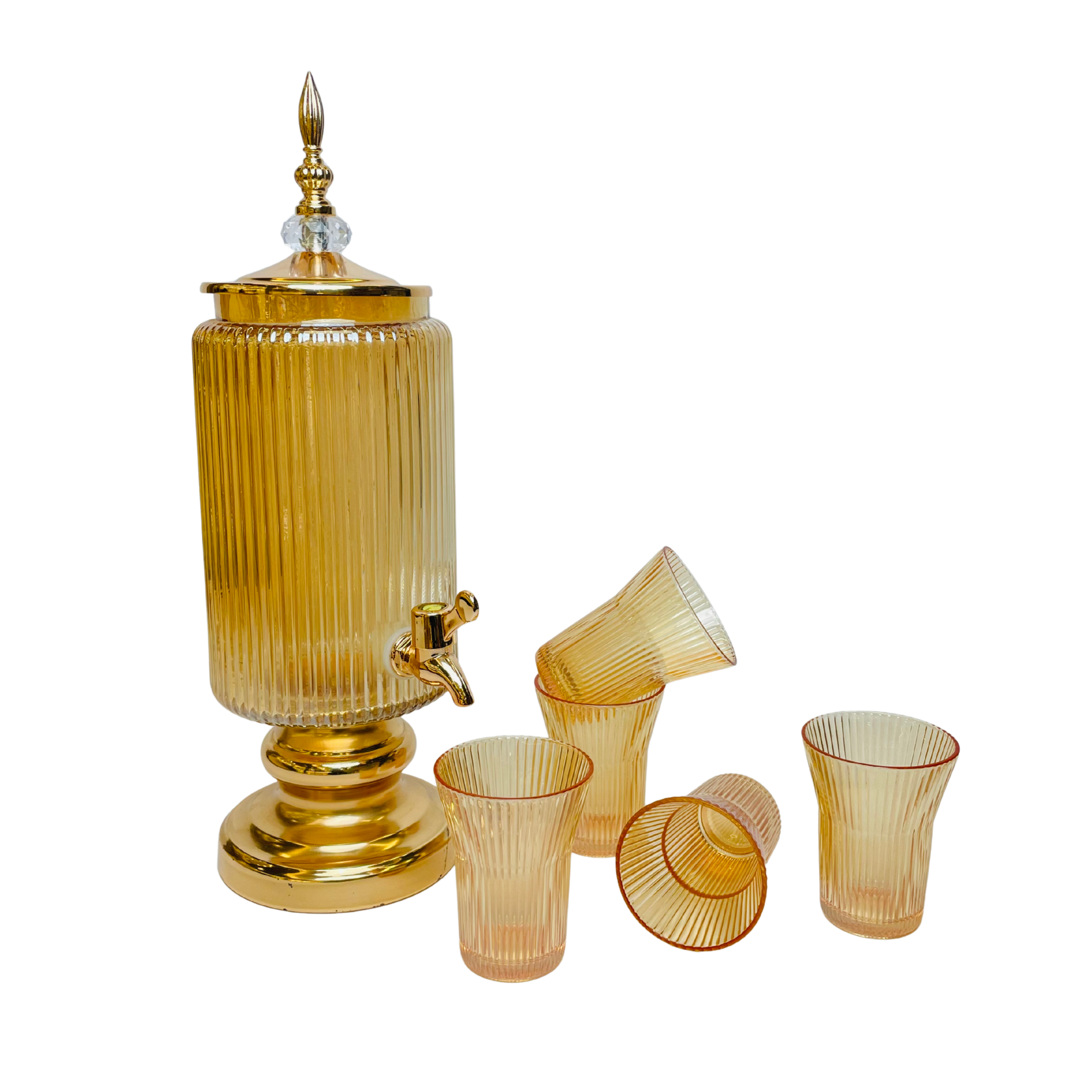 Crystal Royale – Golden Ribbed Glass Beverage Dispenser with 6 Glasses