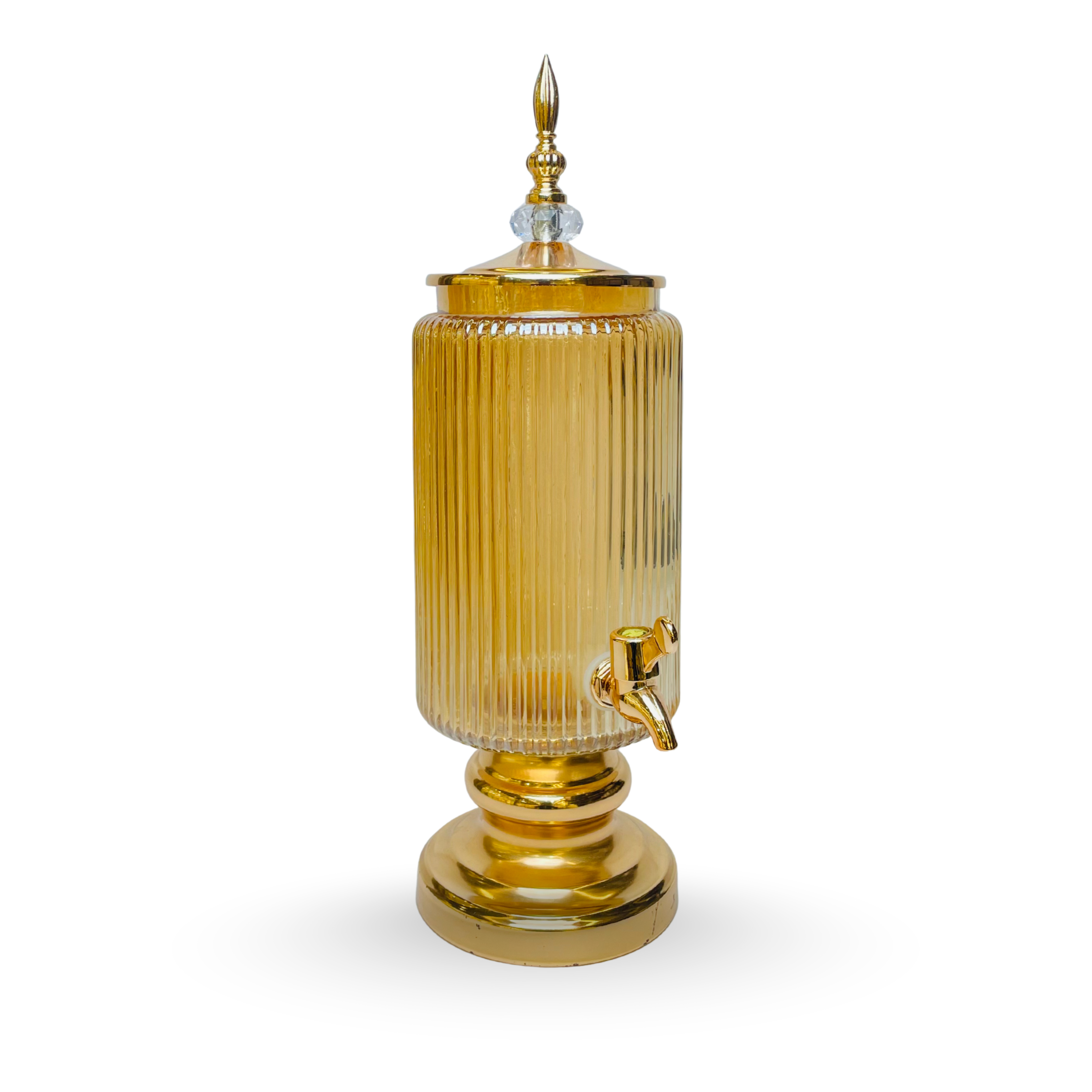 Crystal Royale – Golden Ribbed Glass Beverage Dispenser with 6 Glasses