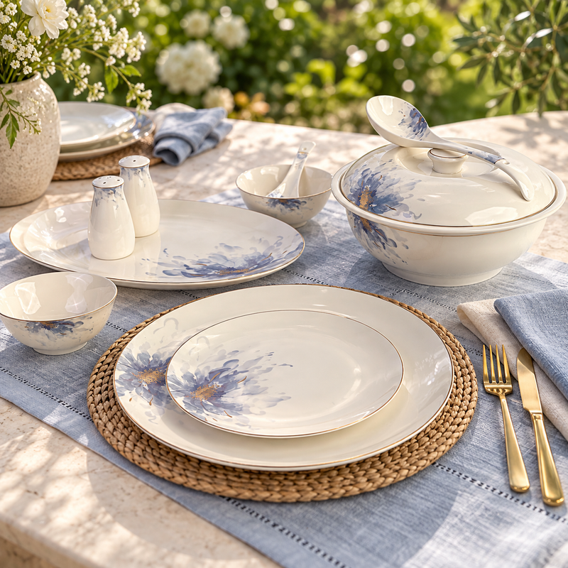 Azure Blossom & Gold Soft Blue Floral Fine Dinner Set 39 Pcs
