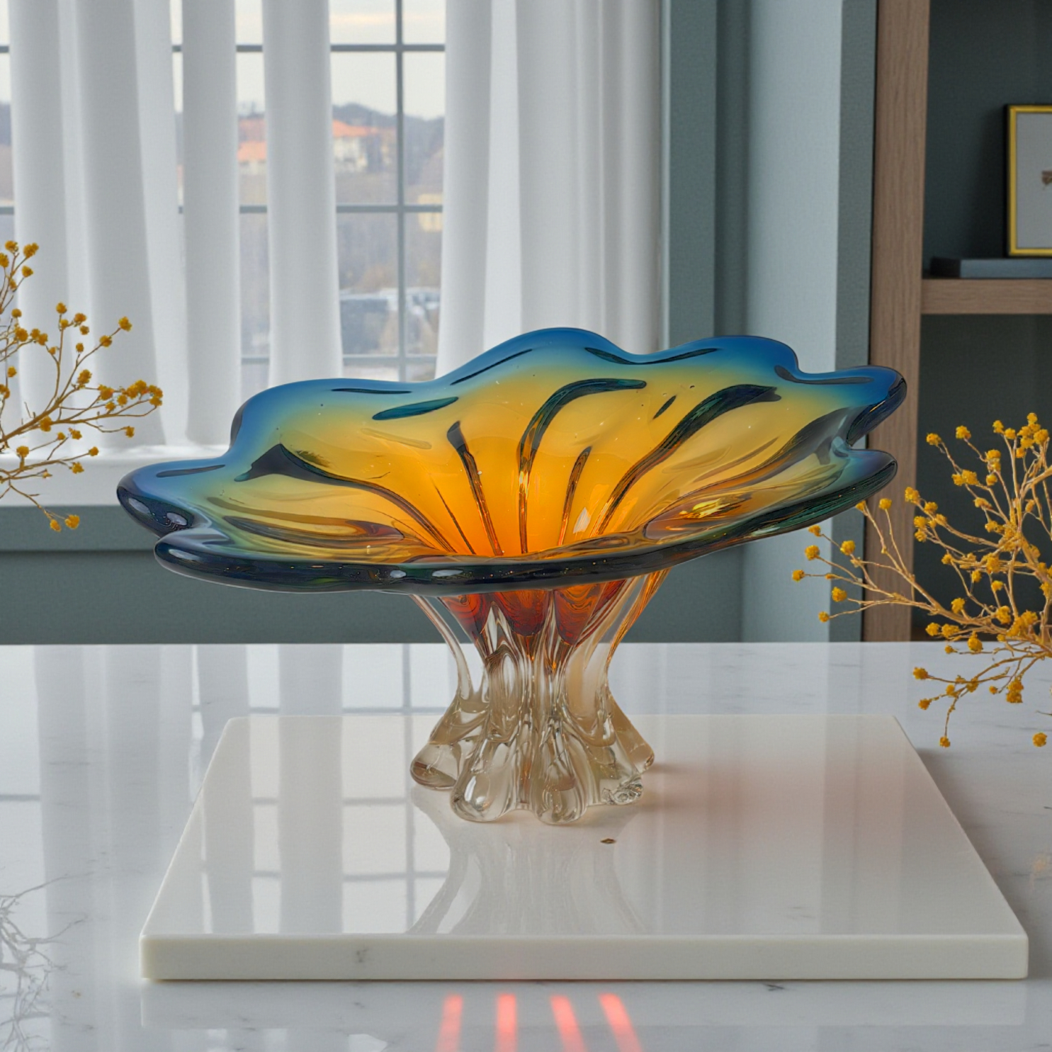 Luxury Blue & Amber Glass Centerpiece Bowl