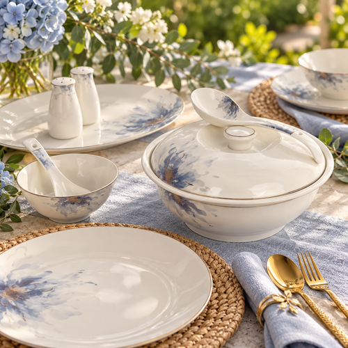 Azure Blossom & Gold Soft Blue Floral Fine Dinner Set 39 Pcs