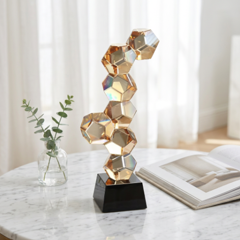 Modern Amber Crystal Geometric Cube Sculpture