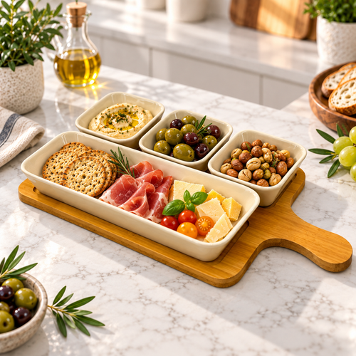 5 Piece Ceramic Bowl Set with Natural Bamboo Serving Board