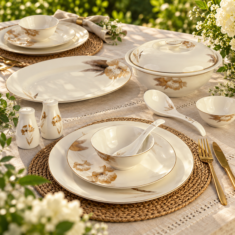 Amber Bloom & Gold Warm Ivory Sepia Floral Fine Dinner Set 39 Pcs
