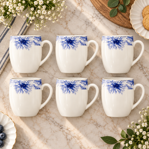 Elegant Blue Floral Tea & Coffee Cup 6 Piece Set