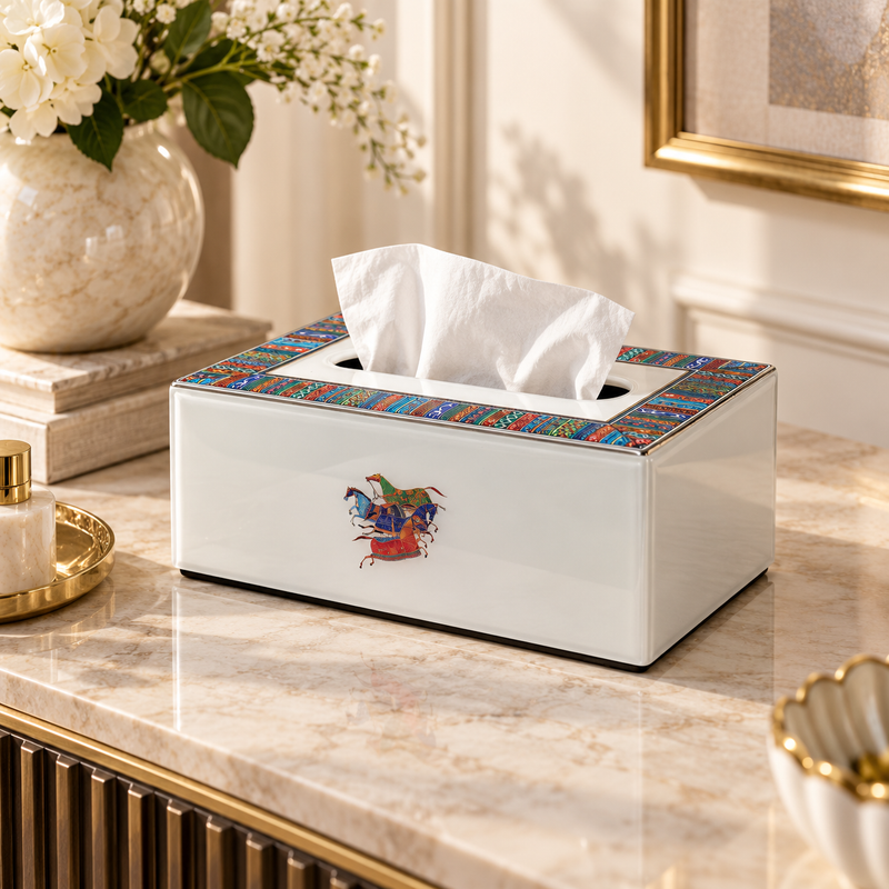 Elegant Galloping Horse Printed White Tissue Box Cover