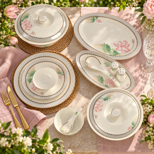 Blush Lotus & Silver Lattice Fine Dinner Set 39 Pcs