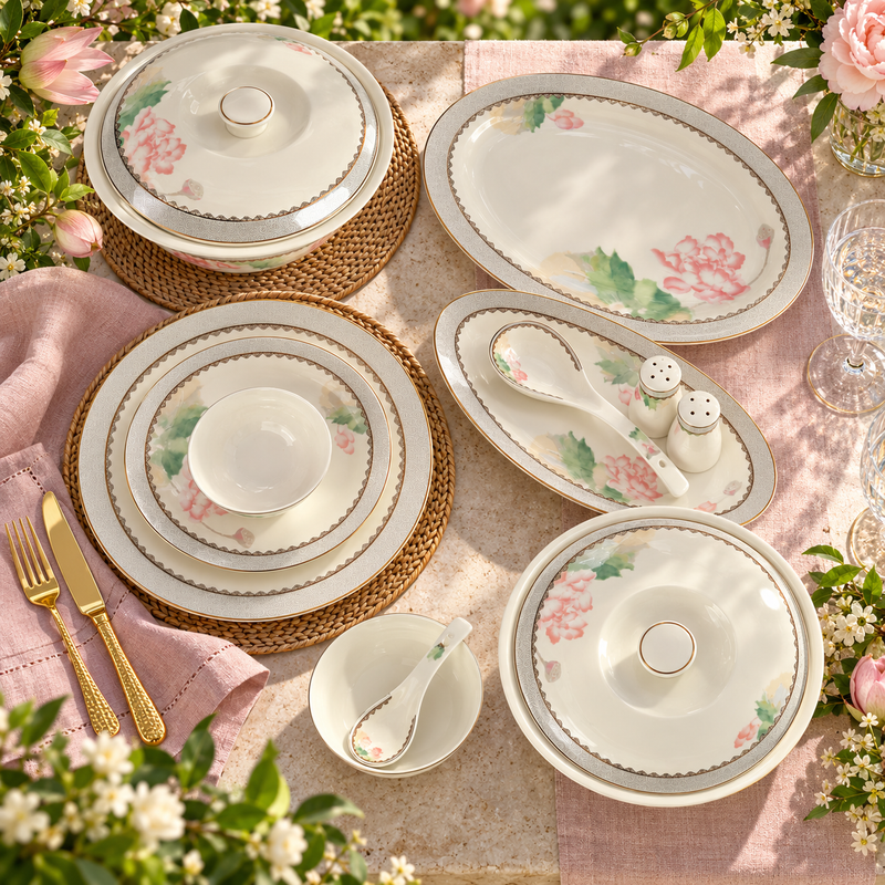 Blush Lotus & Silver Lattice Fine Dinner Set 39 Pcs