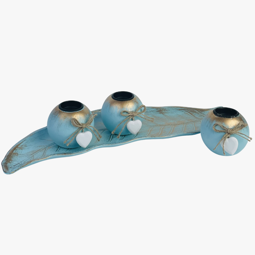 Azure & Gold Candle Holder With Leaf Tray
