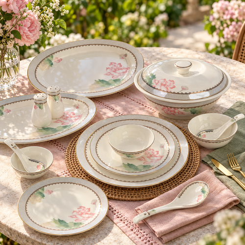 Blush Lotus & Silver Lattice Fine Dinner Set 39 Pcs