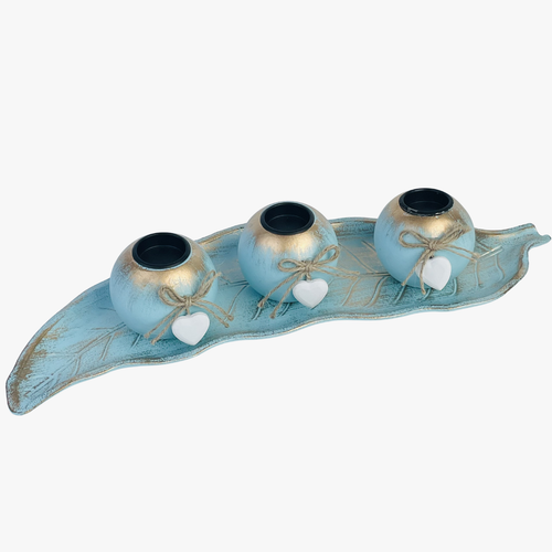 Azure & Gold Candle Holder With Leaf Tray