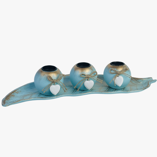 Azure & Gold Candle Holder With Leaf Tray