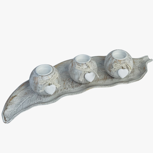 Whitewash Candle Holder With Leaf Tray
