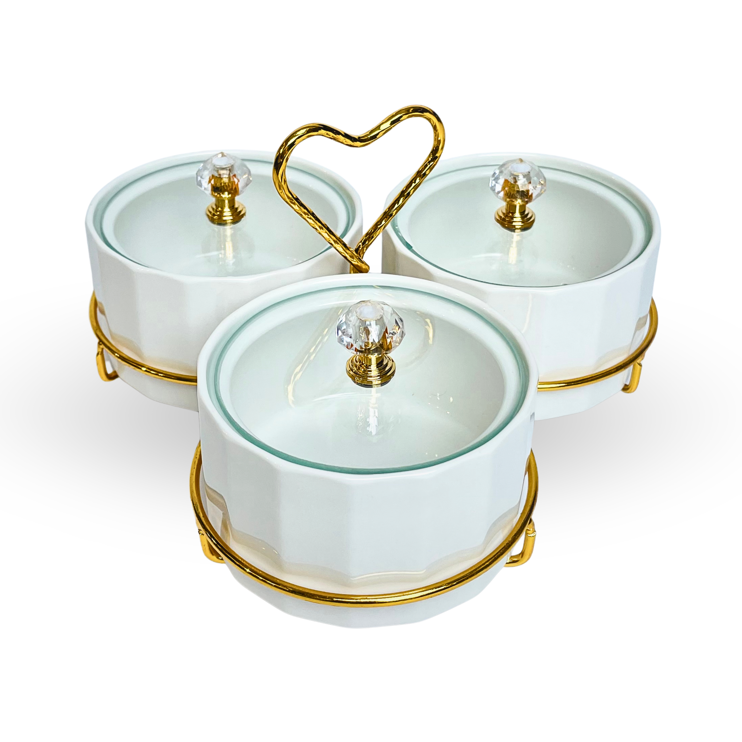 Elegant Ceramic Serving Bowls Set with Golden Heart Handle – 3 Pcs