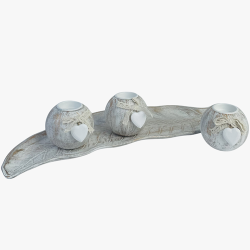 Whitewash Candle Holder With Leaf Tray
