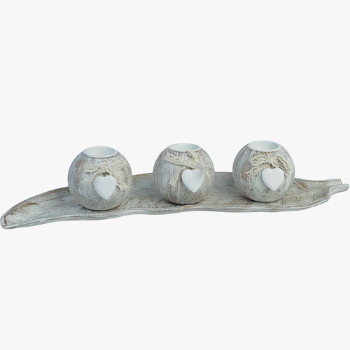 Whitewash Candle Holder With Leaf Tray
