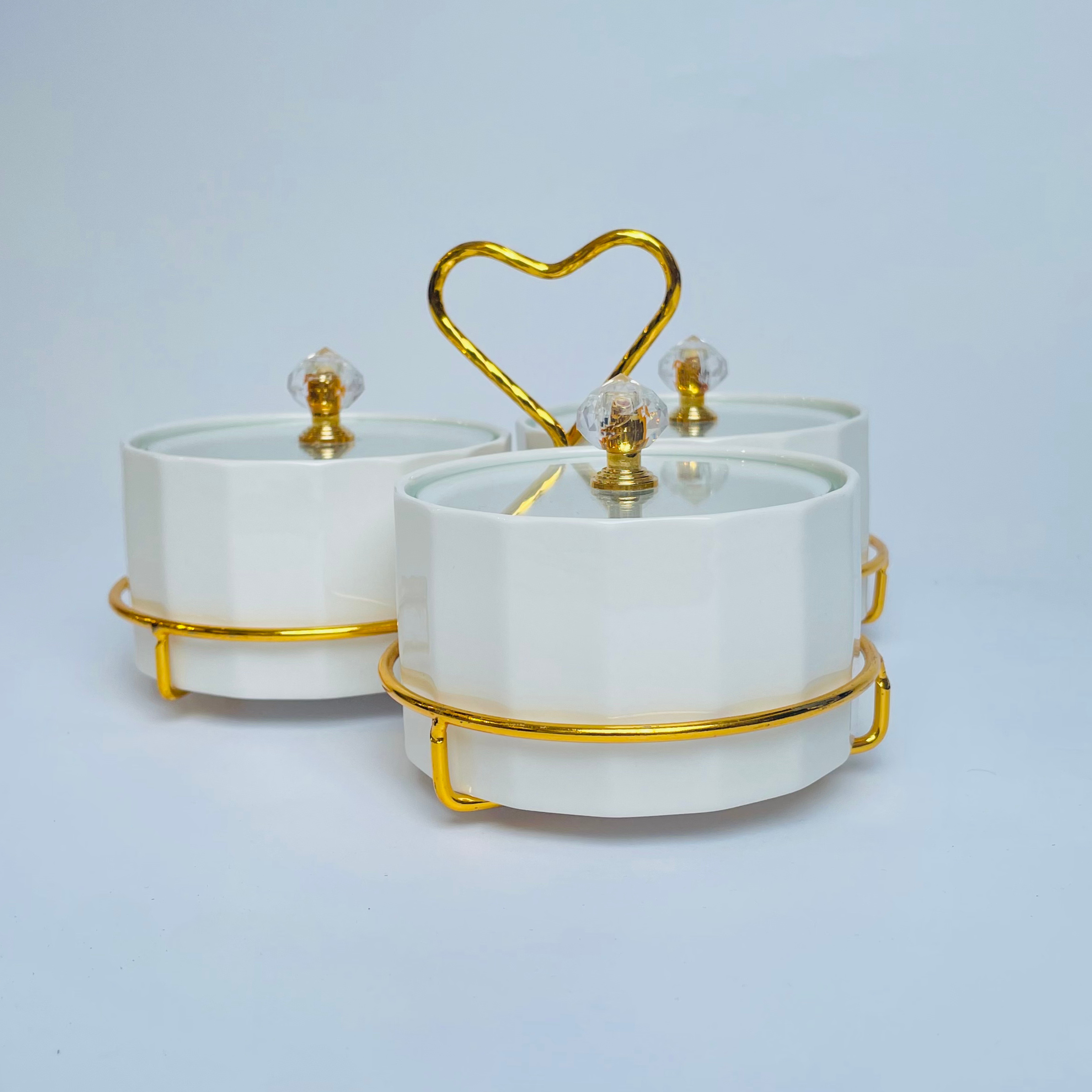 Elegant Ceramic Serving Bowls Set with Golden Heart Handle – 3 Pcs