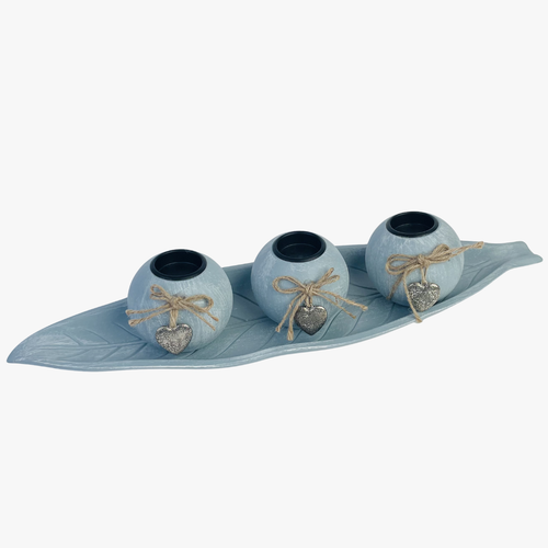 Sky Blue Candle Holder With Leaf Tray