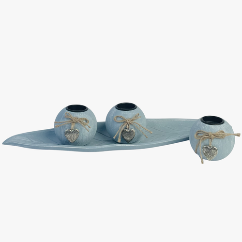 Sky Blue Candle Holder With Leaf Tray