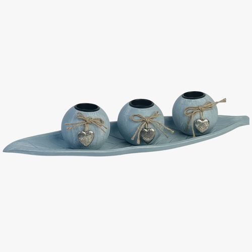 Sky Blue Candle Holder With Leaf Tray