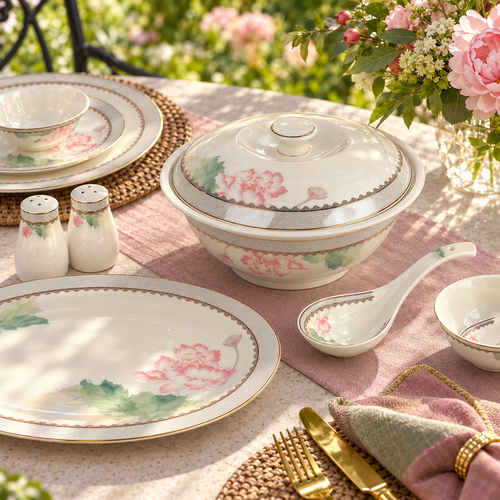 Blush Lotus & Silver Lattice Fine Dinner Set 39 Pcs