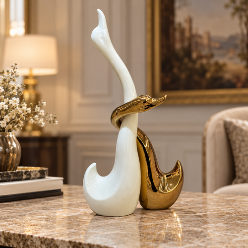 Embracing Swan Duo Sculpture in Ivory & Gold