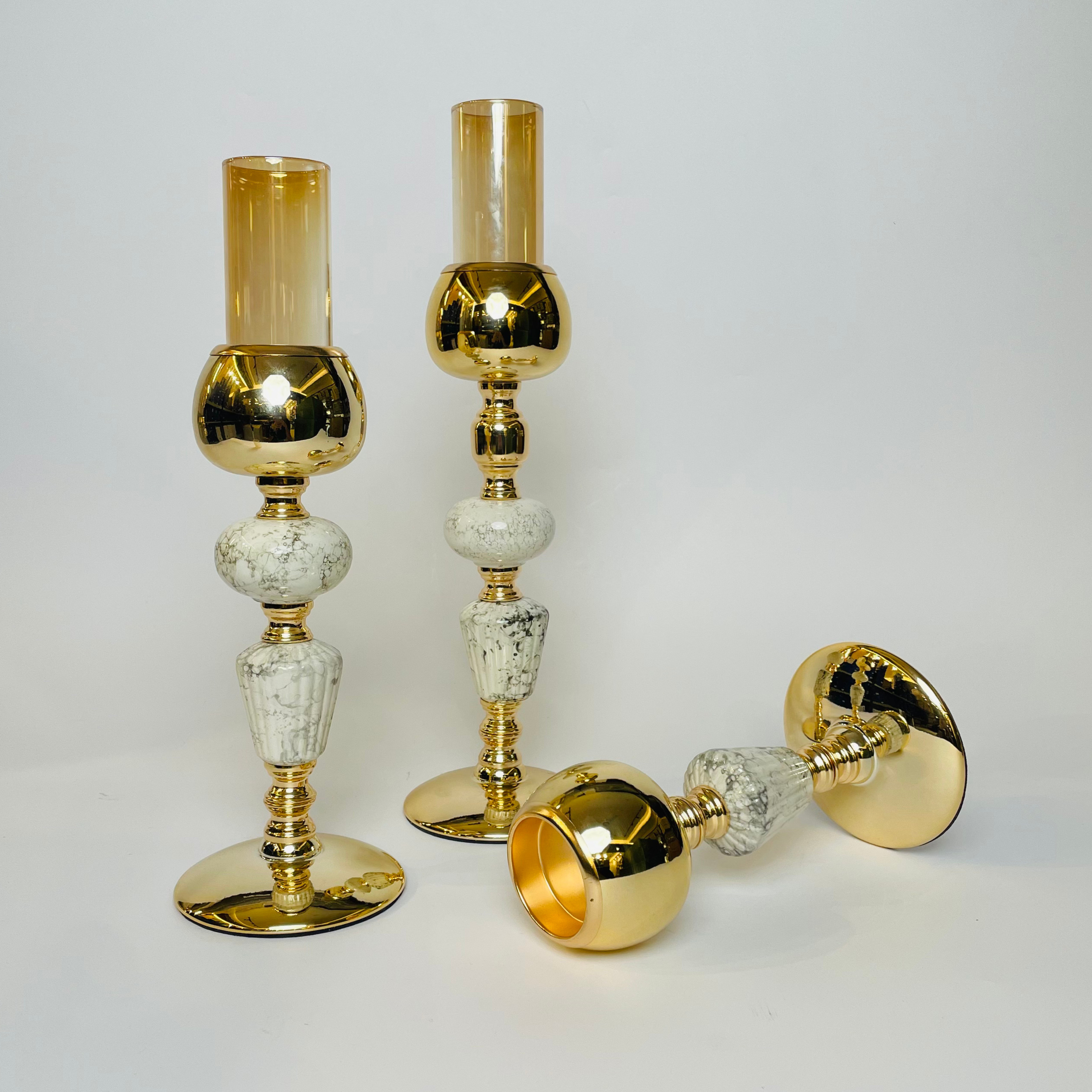 Marble & Gold Candle Holder Set with Amber Glass Shades – Luxury Trio