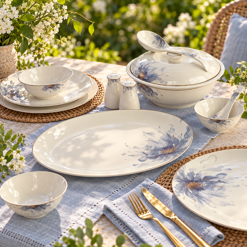Azure Blossom & Gold Soft Blue Floral Fine Dinner Set 39 Pcs