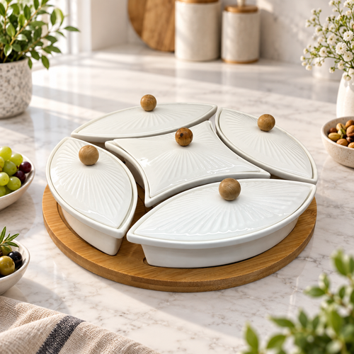 Elegant 5 Piece Covered Serving Set with Wooden Platter
