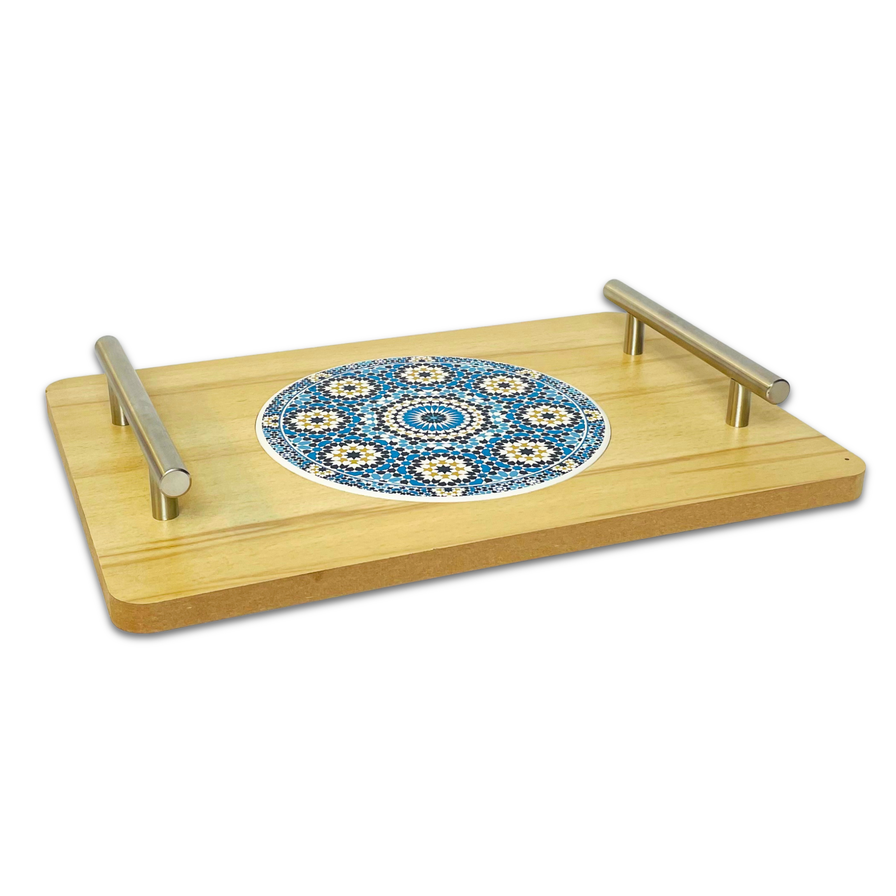 Elegant Wooden Serving Tray with Blue Mosaic Design