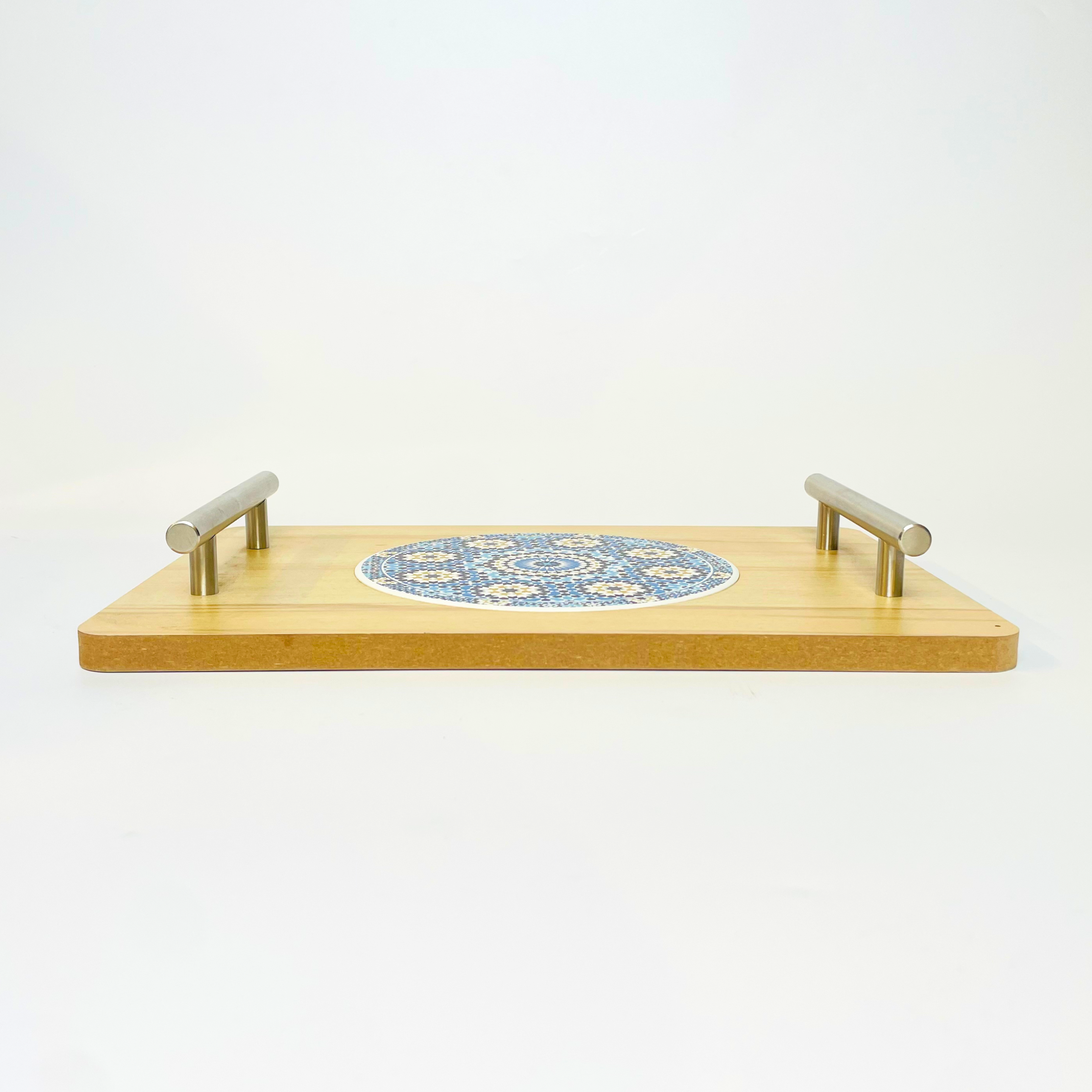Elegant Wooden Serving Tray with Blue Mosaic Design