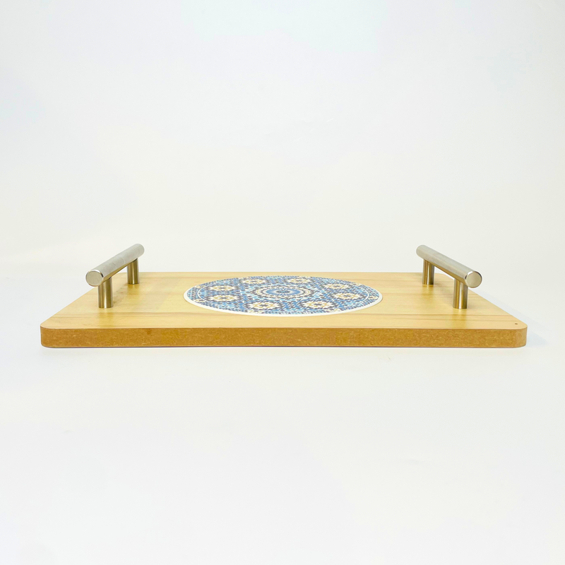 Elegant Wooden Serving Tray with Blue Mosaic Design