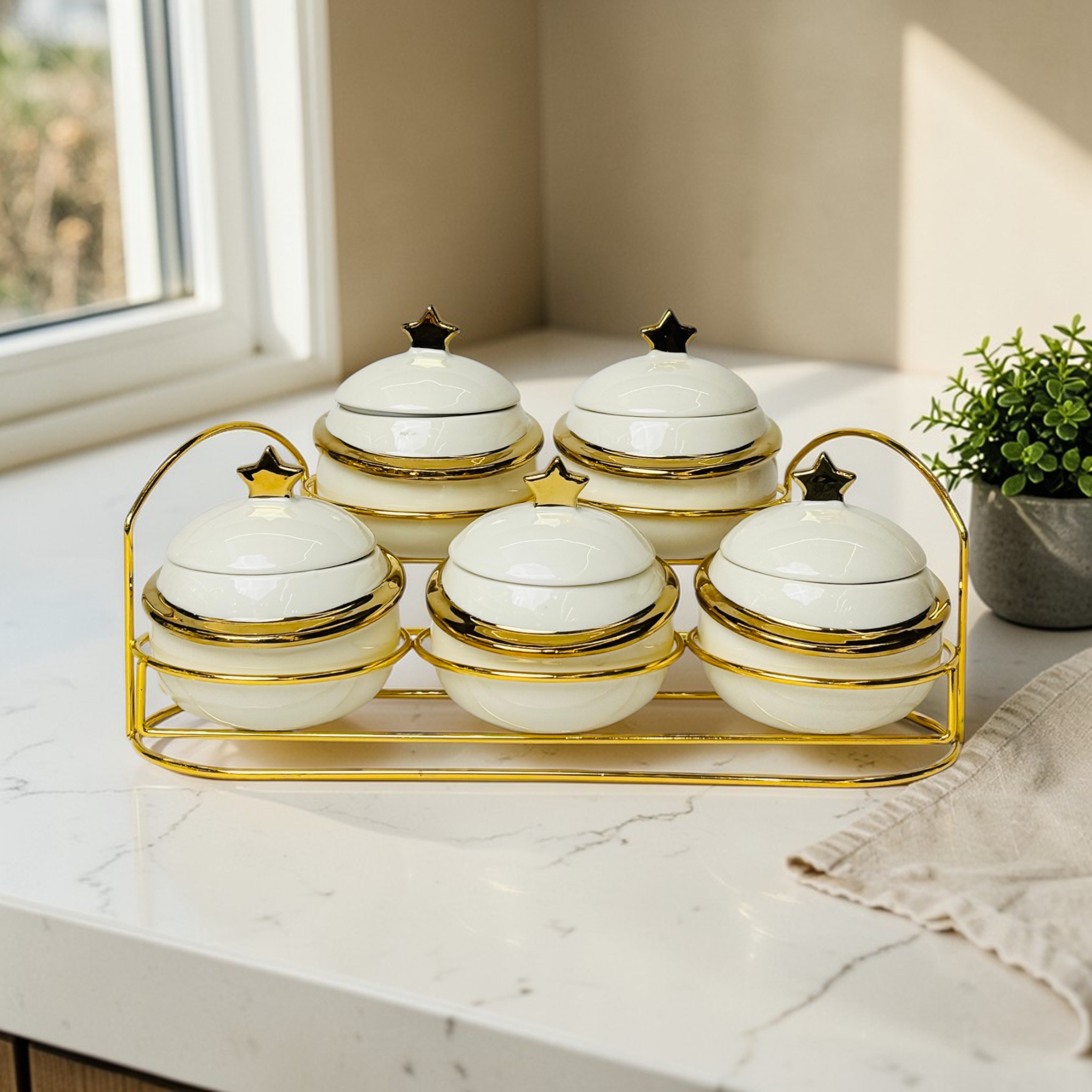 Celestial Gold Star Canister Set with Stand-Set of 5