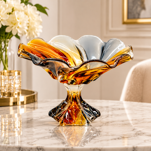 Modern Amber Glass Ruffled Pedestal Rotation Bowl