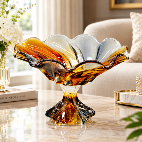 Modern Amber Glass Ruffled Pedestal Rotation Bowl