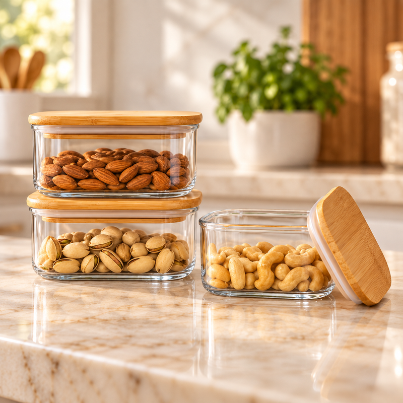 Rectangular Jar with Wooden Lids 3 Piece
