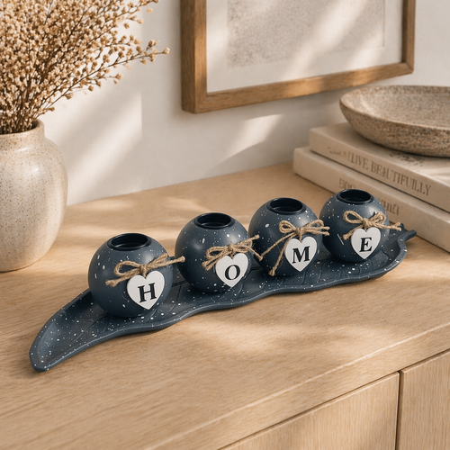 "HOME" Candle Holder With Leaf Tray
