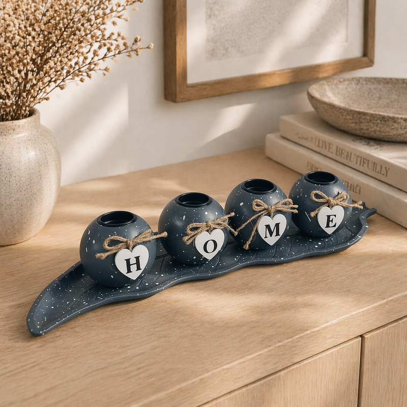 "HOME" Candle Holder With Leaf Tray