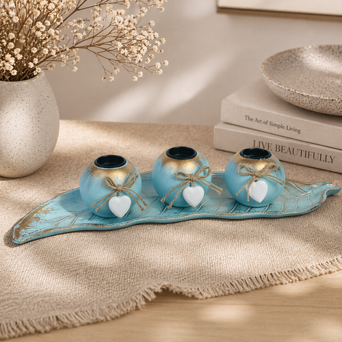 Azure & Gold Candle Holder With Leaf Tray