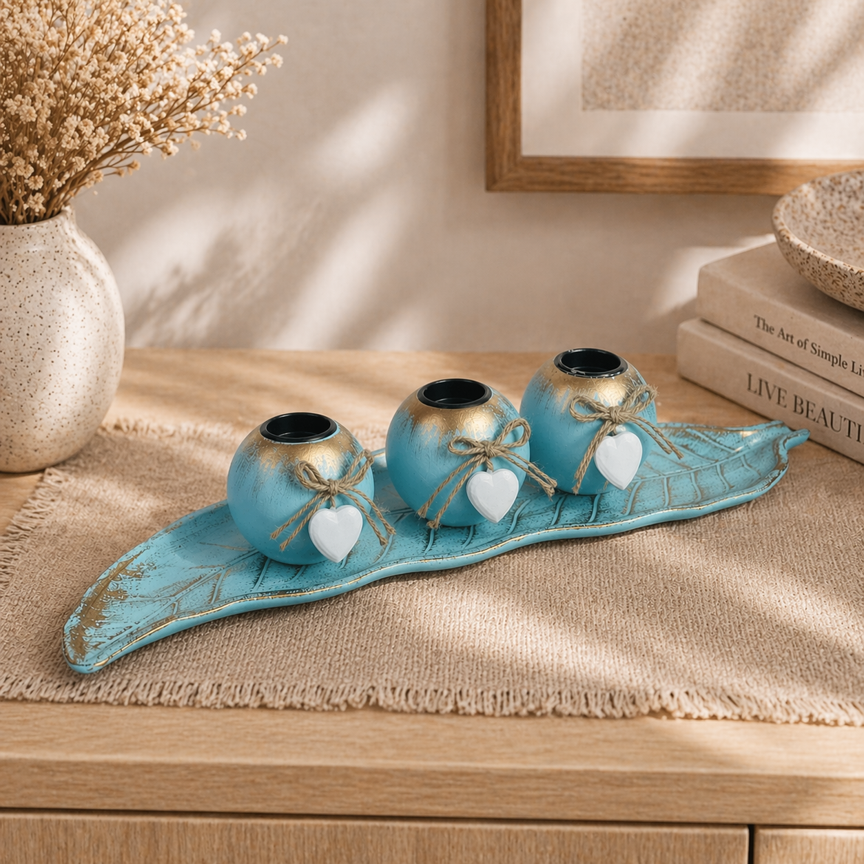 Azure & Gold Candle Holder With Leaf Tray