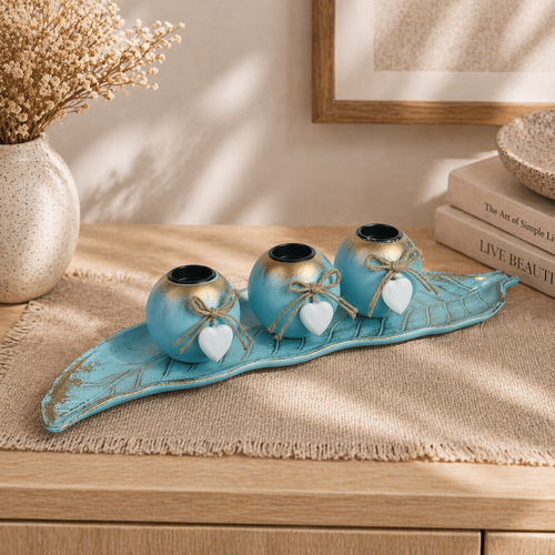 Azure & Gold Candle Holder With Leaf Tray